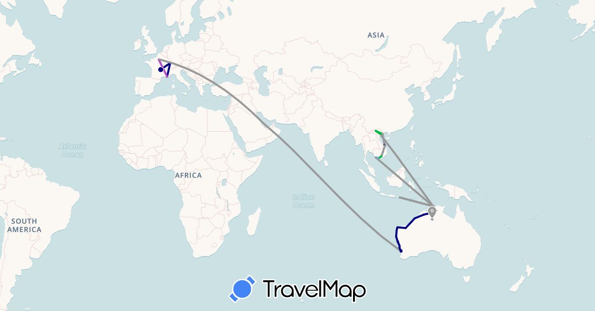TravelMap itinerary: driving, bus, plane, train, hiking, boat in Australia, France, Indonesia, Qatar, Vietnam (Asia, Europe, Oceania)
